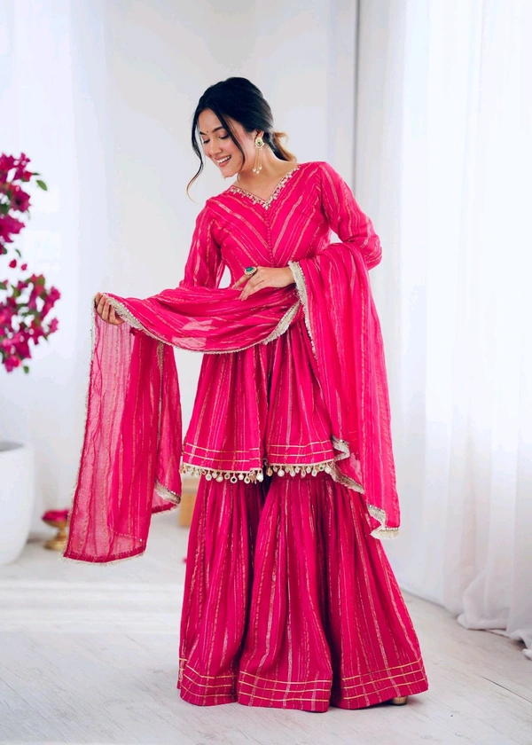 Real Mirror Mal Chanderi Sharara Suit With Full Flair Plazzo - Pink, M