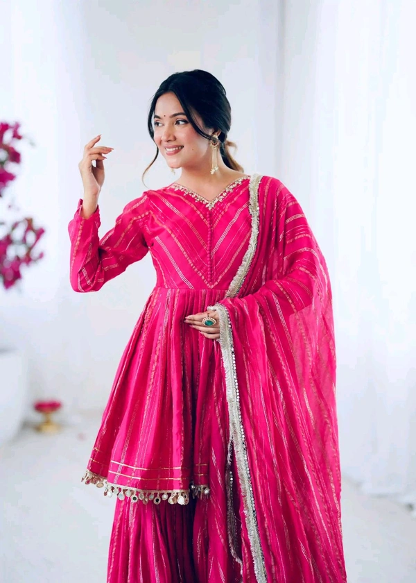 Real Mirror Mal Chanderi Sharara Suit With Full Flair Plazzo - Pink, M