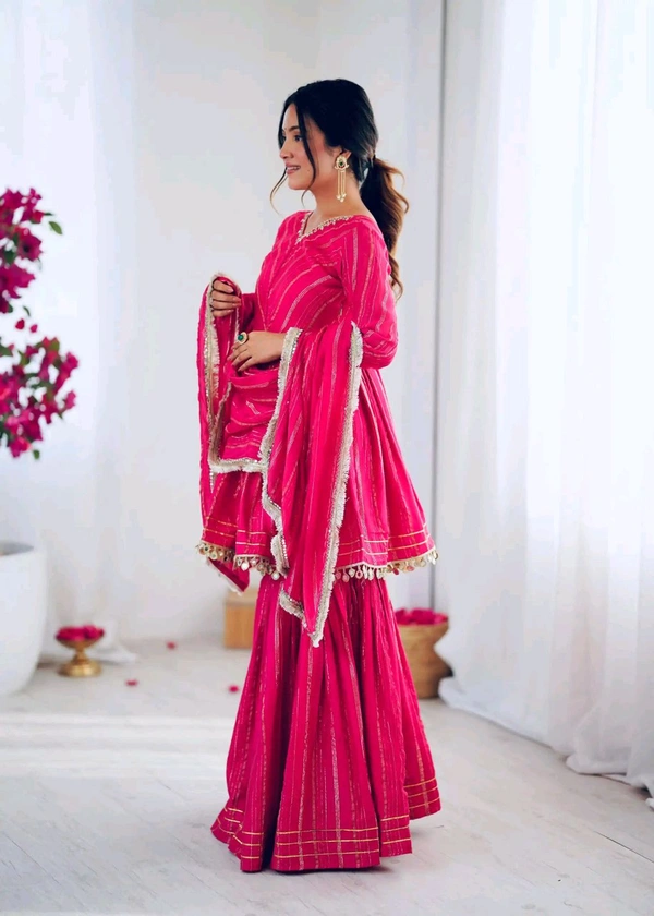 Real Mirror Mal Chanderi Sharara Suit With Full Flair Plazzo - Pink, M