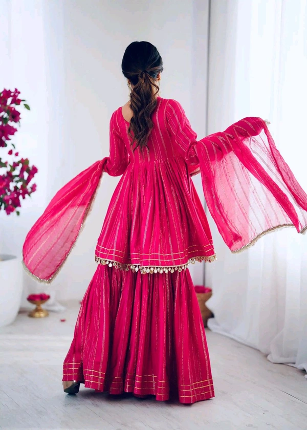 Real Mirror Mal Chanderi Sharara Suit With Full Flair Plazzo - Pink, M