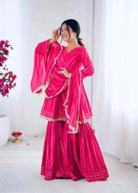 Real Mirror Mal Chanderi Sharara Suit With Full Flair Plazzo - Pink, S