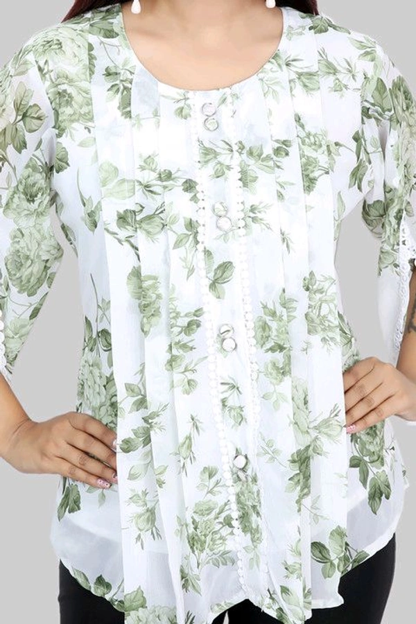 Casual Flared Sleeves Printed Women Green Top - Foggy Gray, XL