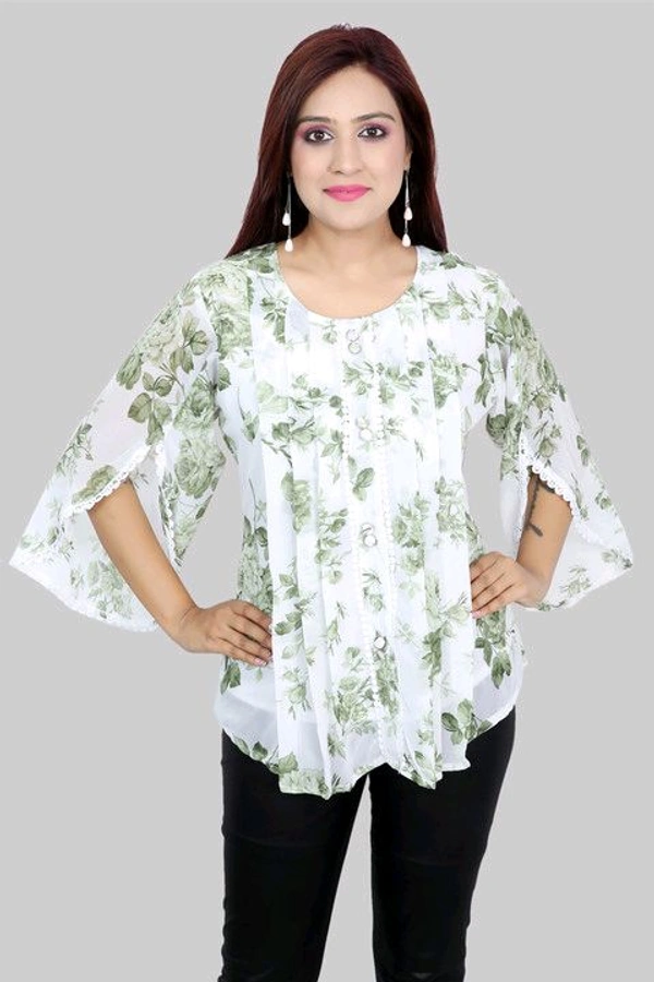 Casual Flared Sleeves Printed Women Green Top - Foggy Gray, XS