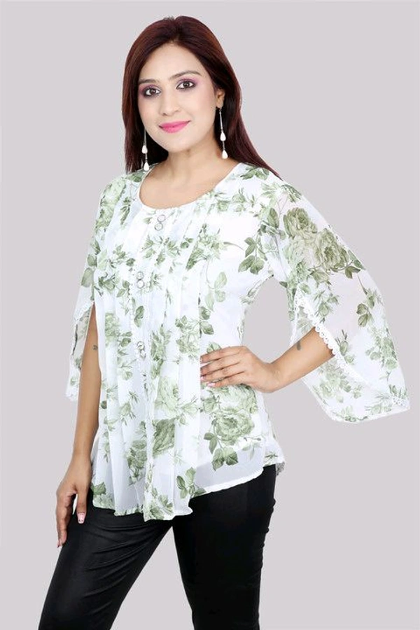 Casual Flared Sleeves Printed Women Green Top - Foggy Gray, XS