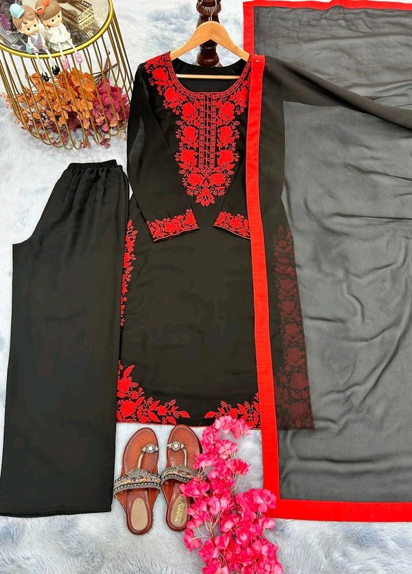 Black Elegant Heavy Faux Georgette Embroidered Top with Plazzo & Dupatta – Fully Stitched, Comfortable Fit
 - Black, L