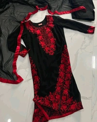 Black Elegant Heavy Faux Georgette Embroidered Top with Plazzo & Dupatta – Fully Stitched, Comfortable Fit
 - Black, L