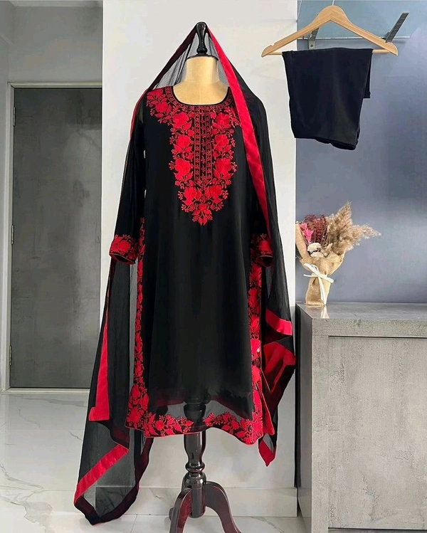 Black Elegant Heavy Faux Georgette Embroidered Top with Plazzo & Dupatta – Fully Stitched, Comfortable Fit
 - Black, S