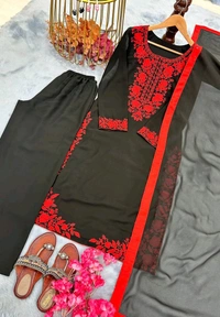 Black Elegant Heavy Faux Georgette Embroidered Top with Plazzo & Dupatta – Fully Stitched, Comfortable Fit
 - Black, XL