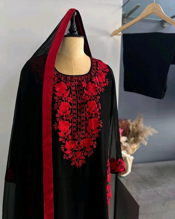 Black Elegant Heavy Faux Georgette Embroidered Top with Plazzo & Dupatta – Fully Stitched, Comfortable Fit
 - Black, XXL