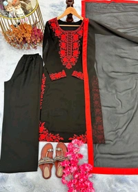 Black Elegant Heavy Faux Georgette Embroidered Top with Plazzo & Dupatta – Fully Stitched, Comfortable Fit
 - Black, XXL