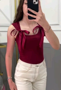 Korean Deep Neck Ribbon_White - M, Maroon