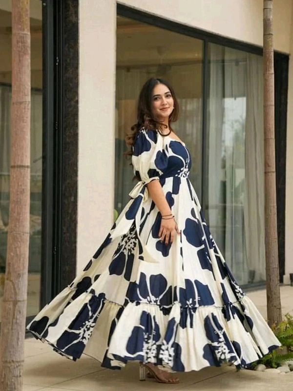 Women's Georgette Floral Printed Tiered Maxi Dress with Puff Sleeves and Square Neck (Barmasi)