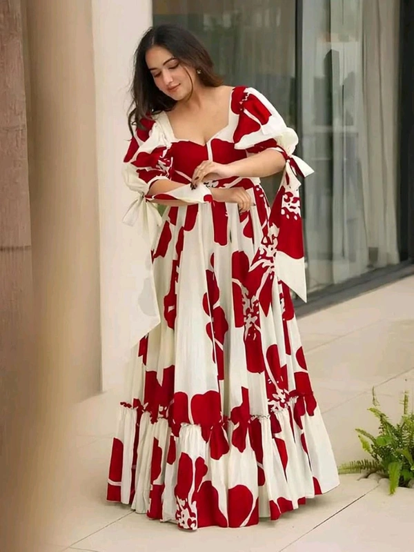 Women's Georgette Floral Printed Tiered Maxi Dress with Puff Sleeves and Square Neck (Barmasi)