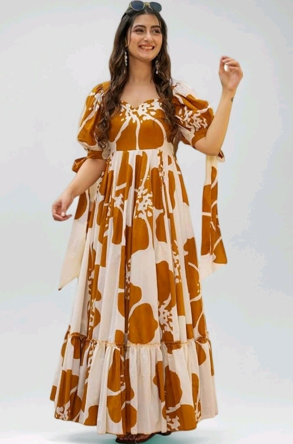 Women's Georgette Floral Printed Tiered Maxi Dress with Puff Sleeves and Square Neck (Barmasi)