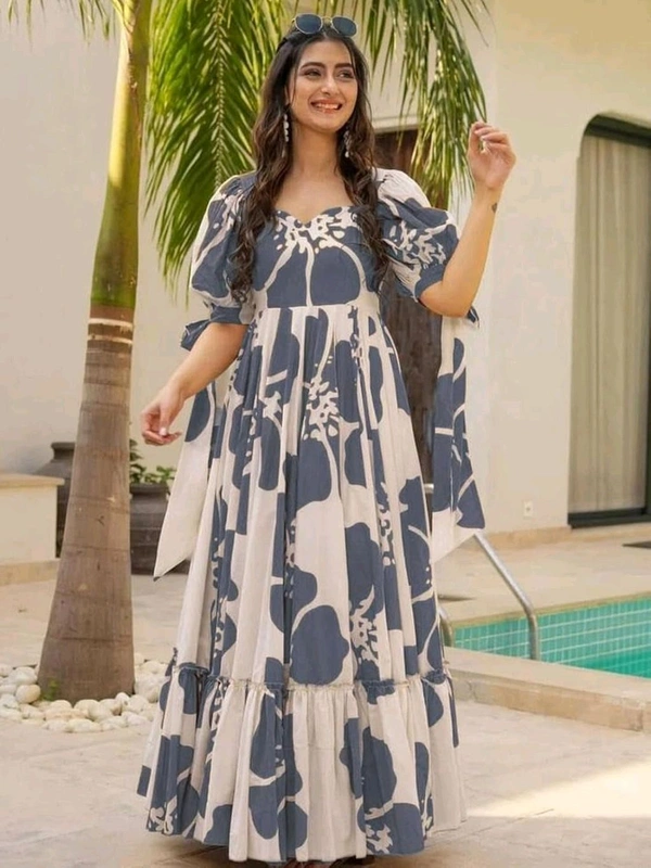 Women's Georgette Floral Printed Tiered Maxi Dress with Puff Sleeves and Square Neck (Barmasi)