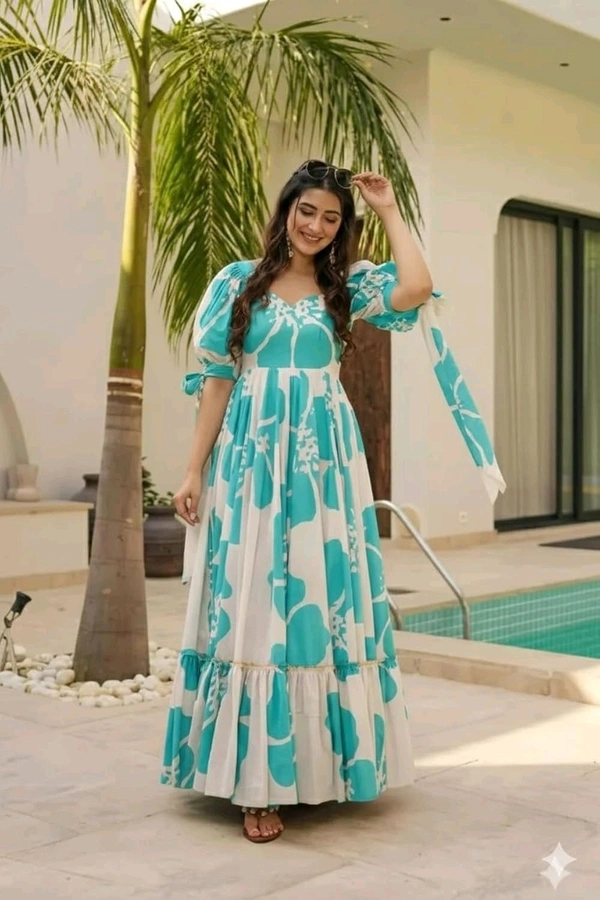 Women's Georgette Floral Printed Tiered Maxi Dress with Puff Sleeves and Square Neck (Barmasi)