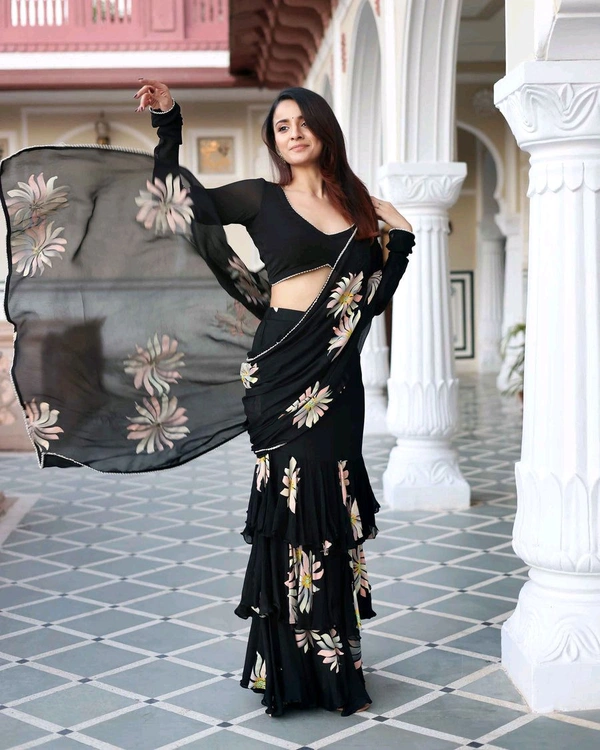 Kiyana Black Handpainted Chinon Pre Draped Saree