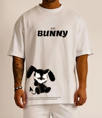 "Bunny Beats: Men's Streetwear Oversized Cotton Tee with Bad Bunny Design" - XXL, Ecru White