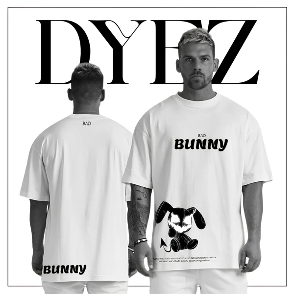"Bunny Beats: Men's Streetwear Oversized Cotton Tee with Bad Bunny Design" - Ecru White, M