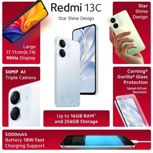 Redmi 13C (Starfrost White, 4GB RAM, 128GB Storage) | Powered by 4G MediaTek Helio G85 | 90Hz Display | 50MP AI Triple Camera