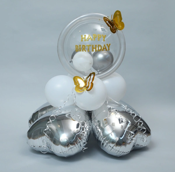 White Silver Birthday Ballons Arrangment