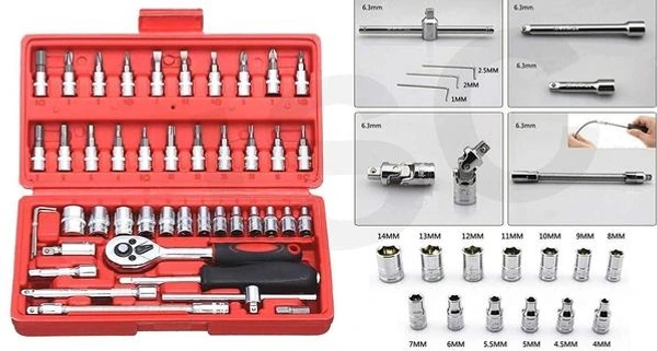 Socket 1/4 Inch Combination Repair Tool Kit (Red, 46 pcs)