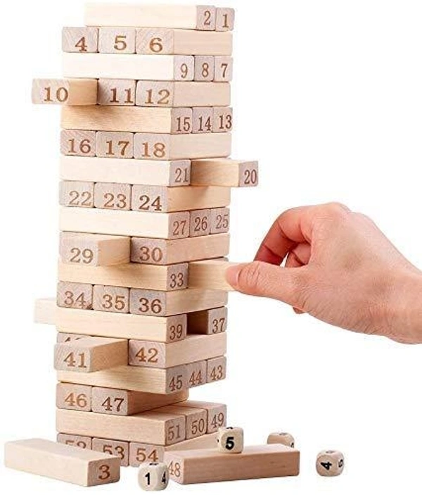 (Out Of Stock) 54 Pcs Blocks 4 Dices Wooden Tumbling Stacking Building