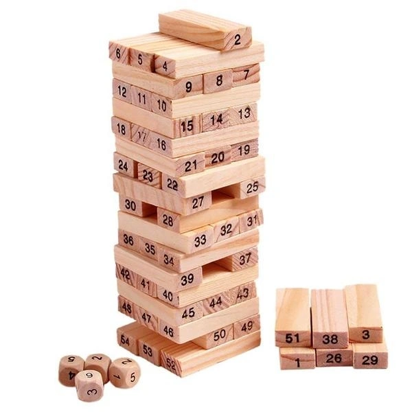 (Out Of Stock) 54 Pcs Blocks 4 Dices Wooden Tumbling Stacking Building