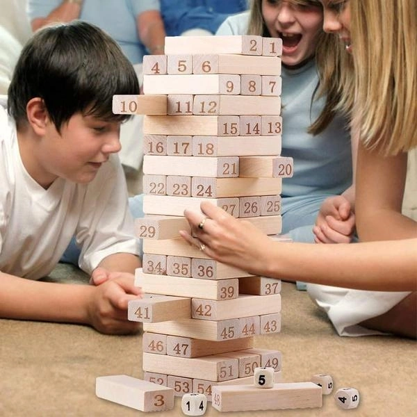(Out Of Stock) 54 Pcs Blocks 4 Dices Wooden Tumbling Stacking Building