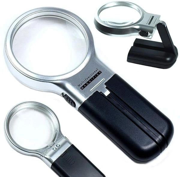 (Stock Out) Multifunctional 3-in-1 Hand-Held Folding Lighted High-Powered Magnifier Glass with 3X Zoom and 2 LED Lights