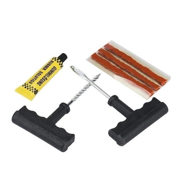 Puncture Repair Kit Tubeless Tyre Full Set with Nose Pliers, Rubber Cement and Extra Strips for Cars, Bikes
