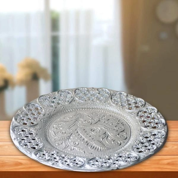 2495 Silver Plated Swastik Pooja Thali Set, glossy-puja-thali