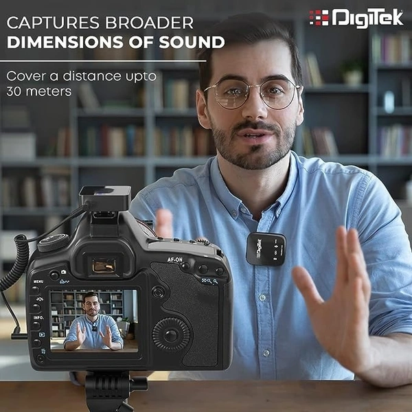 DIGITEK Digitek® (DWM 101 Wireless Microphone System with ANC Noise Reduction, 360° Sound Capture, 100M Range, Upto 12 Hrs Working Time, for DSLR Camera, Android & iOS Smartphones, Seamless Audio Recording