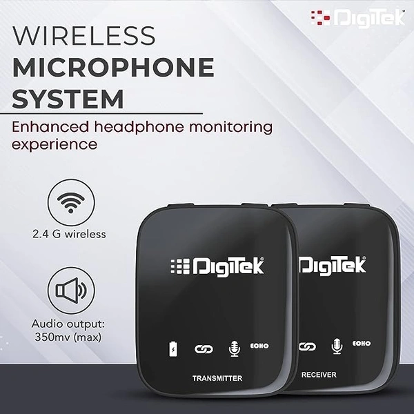 DIGITEK Digitek® (DWM 101 Wireless Microphone System with ANC Noise Reduction, 360° Sound Capture, 100M Range, Upto 12 Hrs Working Time, for DSLR Camera, Android & iOS Smartphones, Seamless Audio Recording