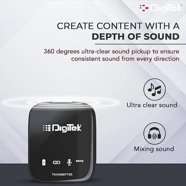 DIGITEK Digitek® (DWM 101 Wireless Microphone System with ANC Noise Reduction, 360° Sound Capture, 100M Range, Upto 12 Hrs Working Time, for DSLR Camera, Android & iOS Smartphones, Seamless Audio Recording