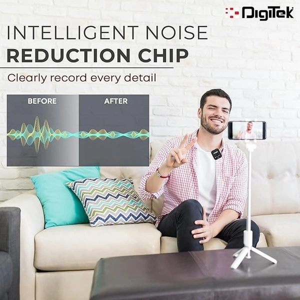 DIGITEK Digitek® (DWM 101 Wireless Microphone System with ANC Noise Reduction, 360° Sound Capture, 100M Range, Upto 12 Hrs Working Time, for DSLR Camera, Android & iOS Smartphones, Seamless Audio Recording