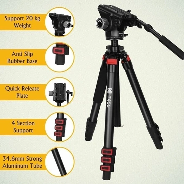Kodak T455 Pro 34.6 mm Four Section Support Flip Locks Tripod for Video Shooting, Broadcasting and Photography Tripod