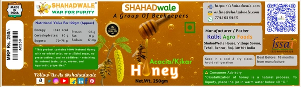 SHAHADWALE Acacia Honey | Kikar Honey | Babool Flora Honey - 250 Gm, Natural Honey