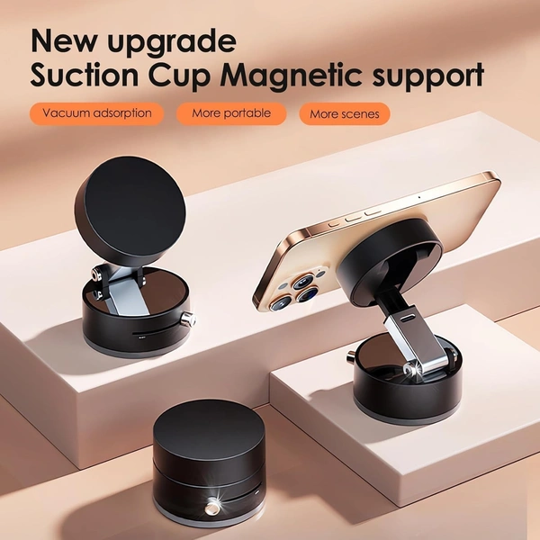 Vacuum Phone Holder  Magnetic Car Mobile Holder For Dashboard Vacuum Suction Phone Holder Mount Hand Free Magnetic Cell Phone Stand With Strong Grip Shockproof Suction Cup Mount For Car Gym Office Table - Black - Black