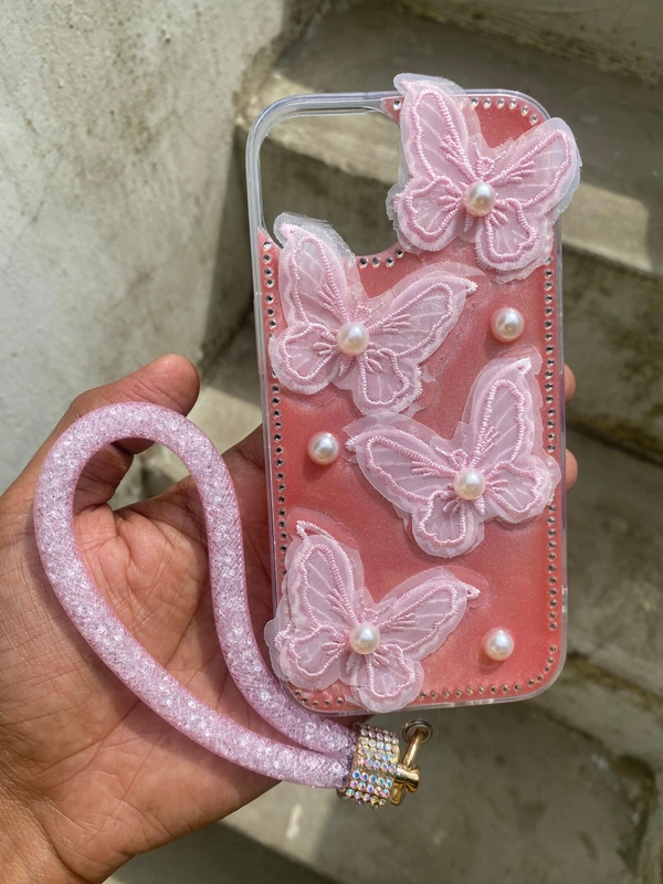 Generic  Elegant 3D Butterfly i Phone Case With Charm - i Phone 15, Pink