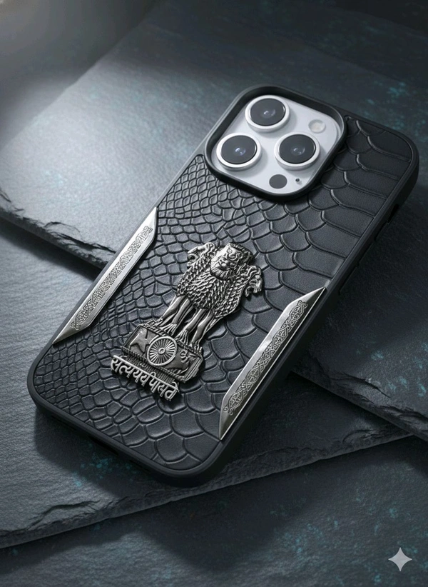 Premium Ashoka Emblem Leather iPhone Cover | Luxury Royal Metal Case for iPhone X To 16 Series Models