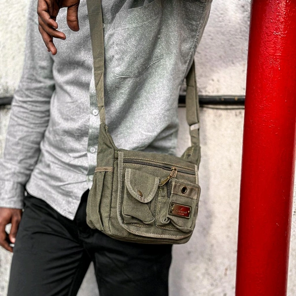 College Bag/Cross Bag, Olive Green Color, Denim Material with Belt | New Men's Leisure Crossbody Bag Multi functional Outdoor Shoulder Bag Waist Bag Fashion Small Body Bag Wearing Belt Hanging Bag