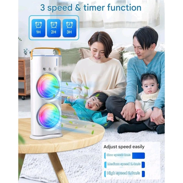 Cold Air Fan, 2025 New 3 Gears USB Rechargeable Oscillating fan with LED Light Cooler Fan, Touch & Remote Control, 280ml Water Tank, Ice Filling Fan (White)