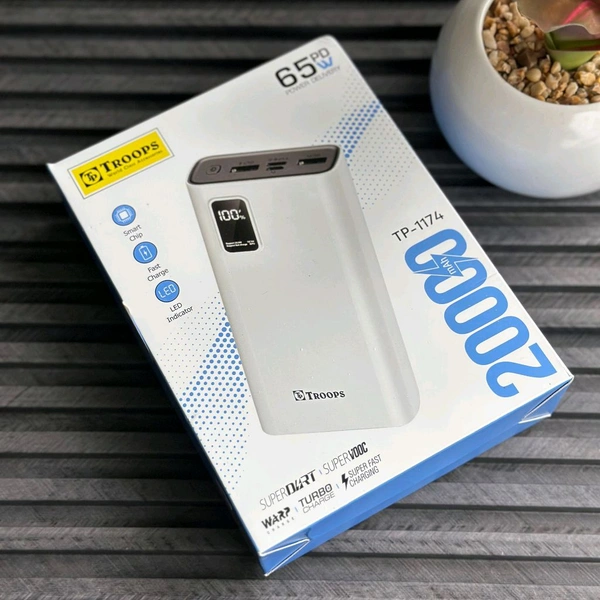 Troops PD65W 20000mAh Fast Charging Power Bank | Dual USB + Type-C Output | Digital Display | Compatible with All Devices