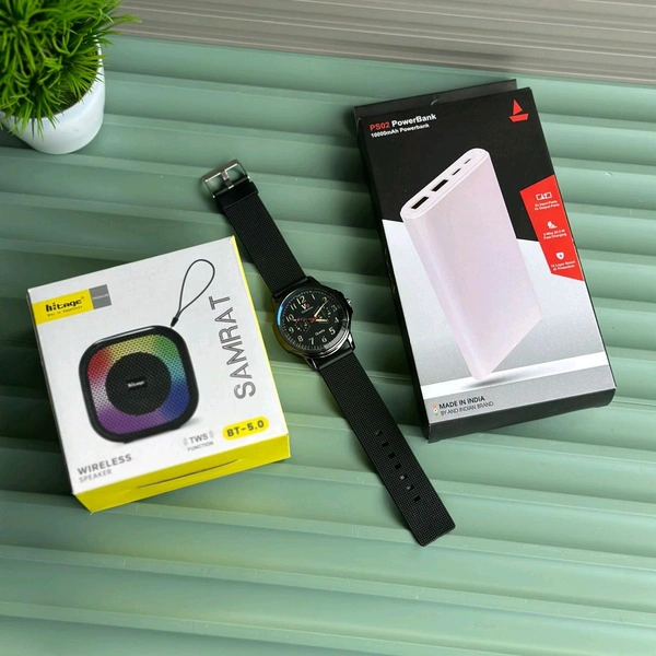 Most Awaited Combo, Hitage Bluetooth Speaker, Portable Power Bank And Analog Quartz Watch