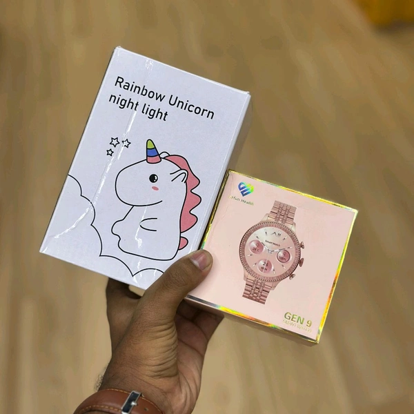 Smartwatch and Rainbow Unicorn Night Light Combo Set | Elegant Smart Watch with Pink Strap & Metal Chain + Soft Silicone Unicorn LED Night Lamp for Kids & Gifts