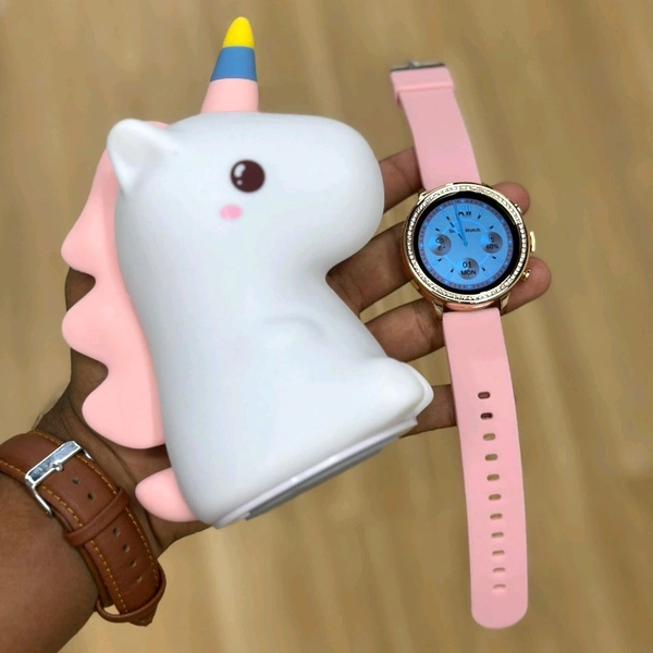 Smartwatch and Rainbow Unicorn Night Light Combo Set | Elegant Smart Watch with Pink Strap & Metal Chain + Soft Silicone Unicorn LED Night Lamp for Kids & Gifts