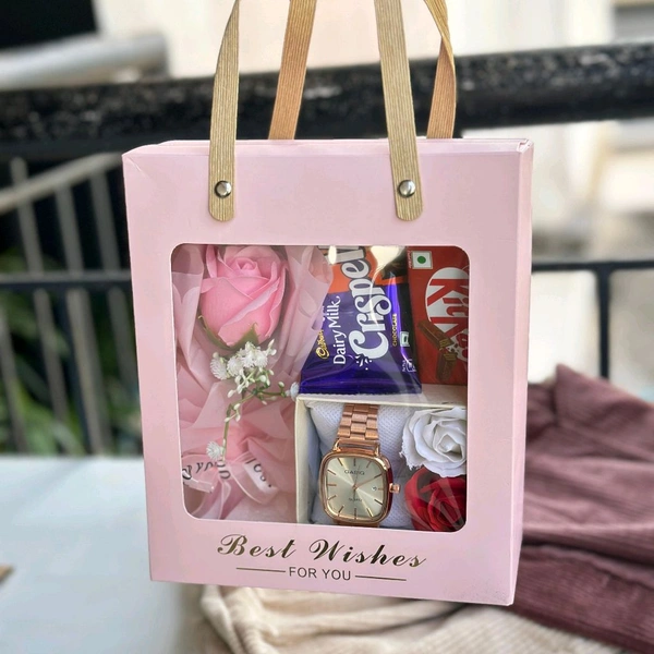 Premium Gift Hamper Bag with Watch, Chocolates & Flowers | Best Wishes Ready-to-Gift Combo Box
