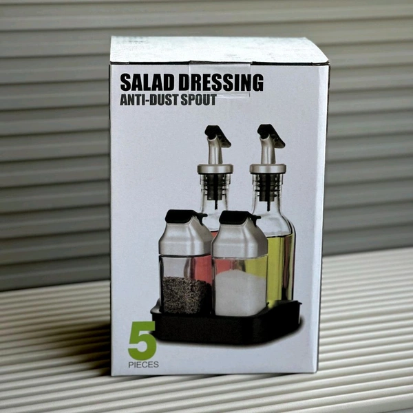 5 Piece Glass Oil Dispenser & Spice Jar Set with Anti-Dust Spout | Salad Dressing Bottle Set with Stand | Kitchen Oil & Vinegar Bottle Combo