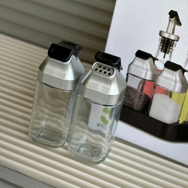5 Piece Glass Oil Dispenser & Spice Jar Set with Anti-Dust Spout | Salad Dressing Bottle Set with Stand | Kitchen Oil & Vinegar Bottle Combo